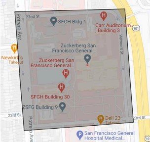 A screenshot of a mapped area around the 1001 Potrero Avenue building