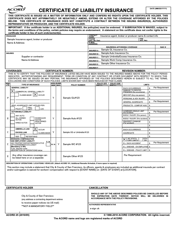 Example Certificate of Insurance
