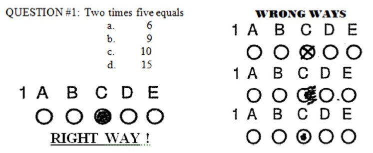 Sample question with multiple-choice options and an answer sheet showing circles or bubbles to fill in.