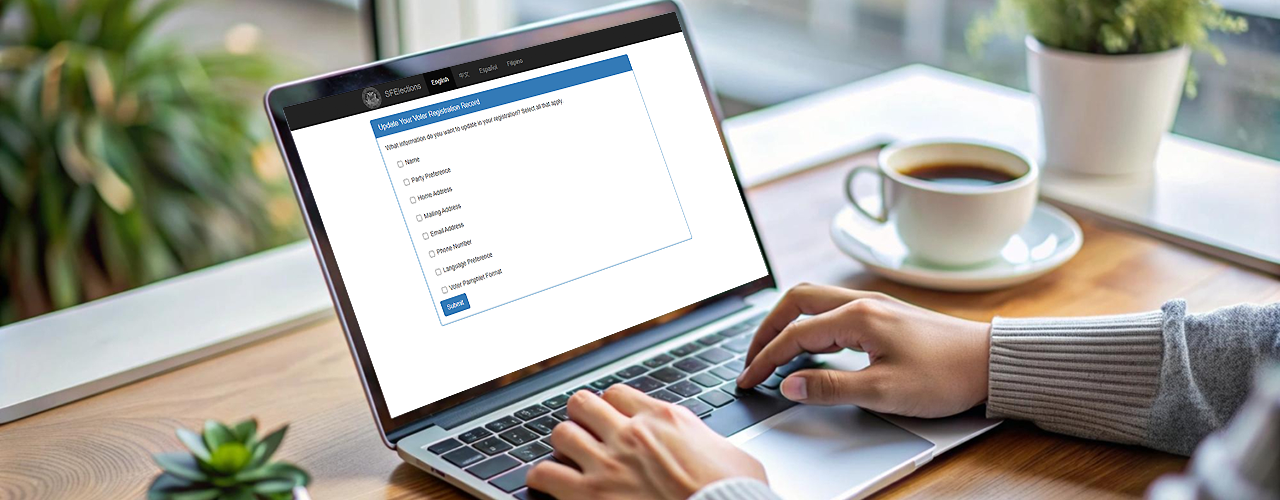 A person searching the Election Departments’ “Update Your Voter Registration Record” tool on their laptop.