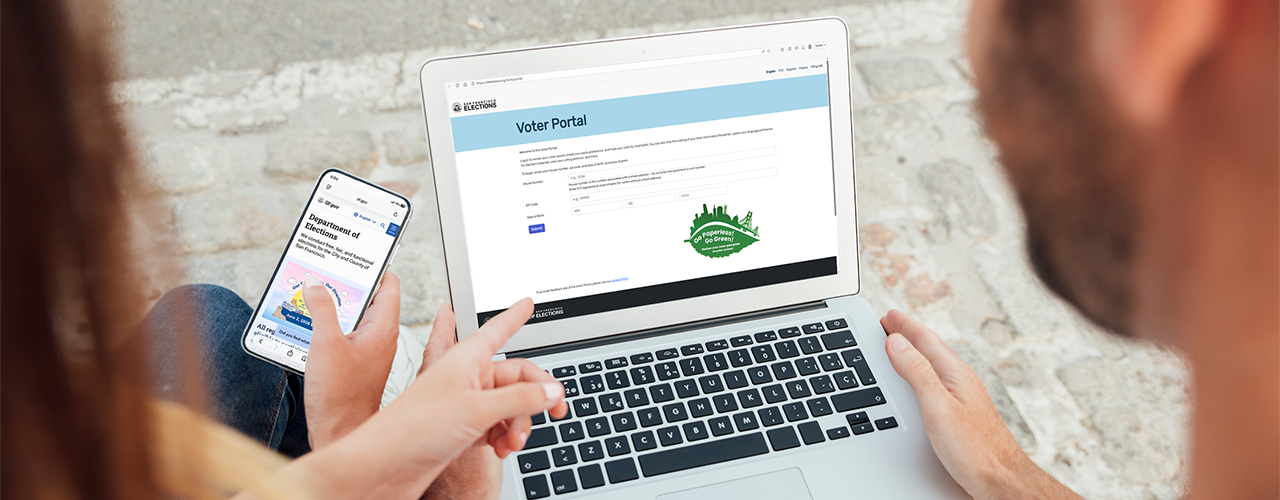 Over the shoulder photo of people viewing the SF Elections website and voter portal on a cell phone and laptop.