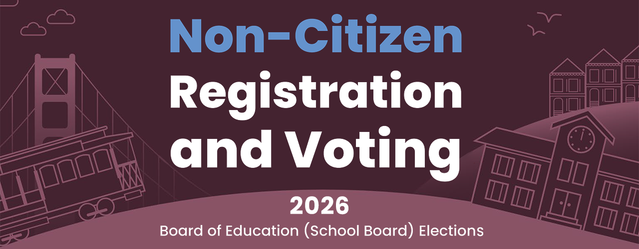 Graphic with purple images of SF landmarks. Notifying residents of Non-citizen voting.