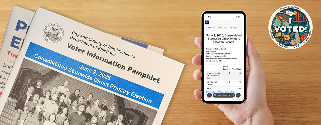 A person holding a phone on the SF Elections Results page.