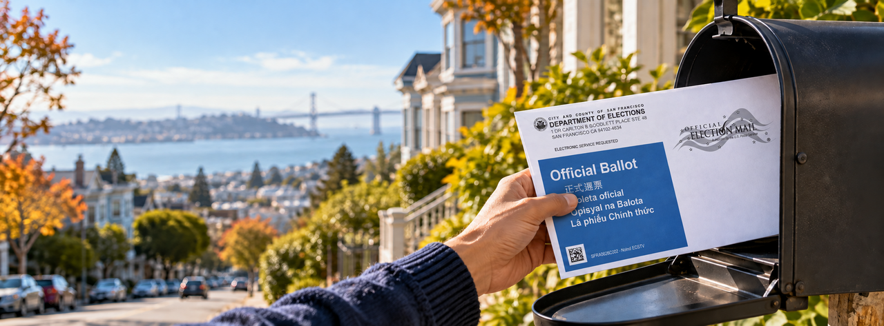 Close up image of a hand grabbing a vote by mail packet out of a mailbox with san francisco neighborhoods in the background