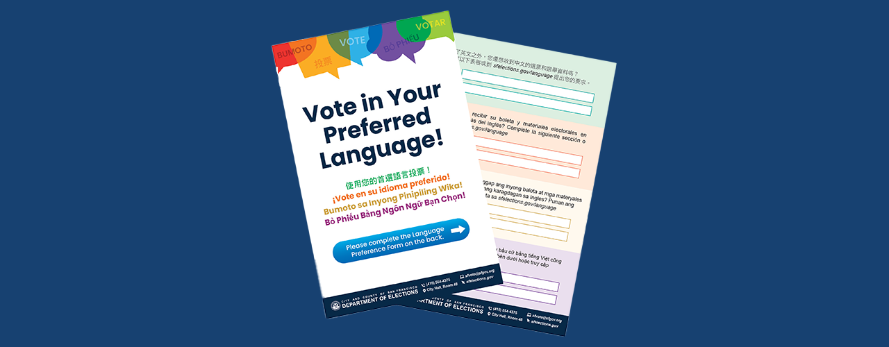 Back and front of flyer communicating language services in elections.