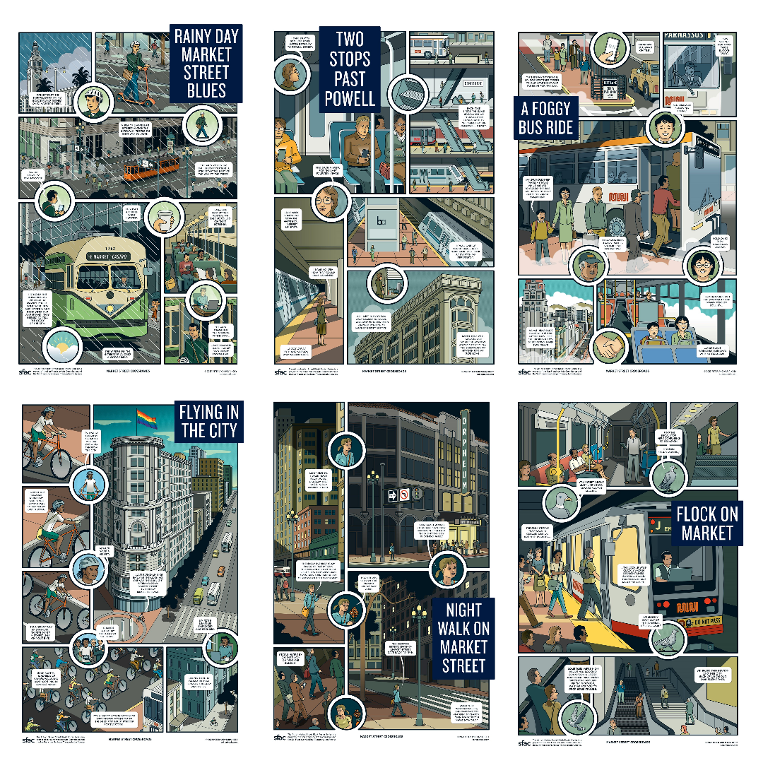 Collection of comic-style posters showing scenes of public transit and city life, including buses, trains, biking, and walking through urban streets.