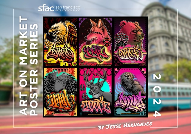 A bold, graphic poster blends vibrant imagery with Indigenous symbolism, honoring Bay Area Native cultures through contemporary street-art style and cultural storytelling.