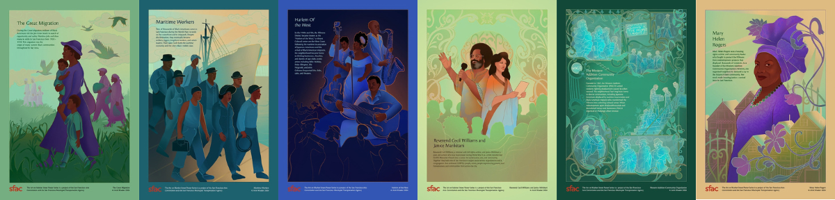 a series of 6 posters that were rendered. green and blue hues, with splashes of purple and brown adorn the posters that depict people walking, and posing