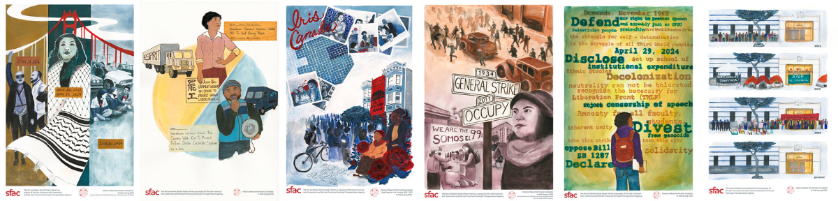 six illustrated posters by artist vida kuang titled "History Makes the Present Complete"