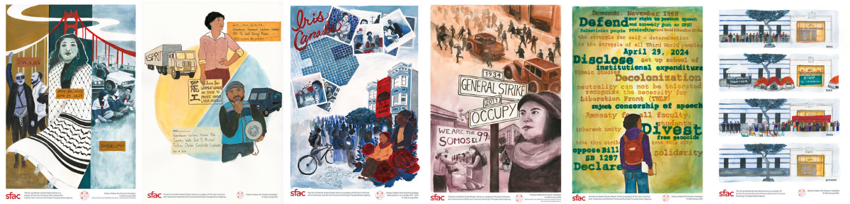 collage of 6 poster digital renderings of "History Makes the Present Complete"