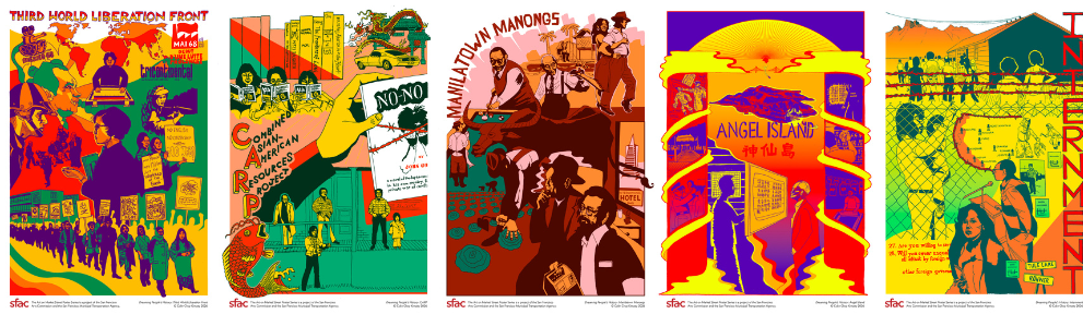 collage of 5 image renderings of art on market street posters