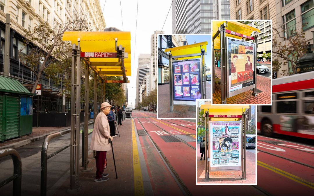 View of Market Street and SFMTA Transit Shelter with examples of three illustrated poster designs.