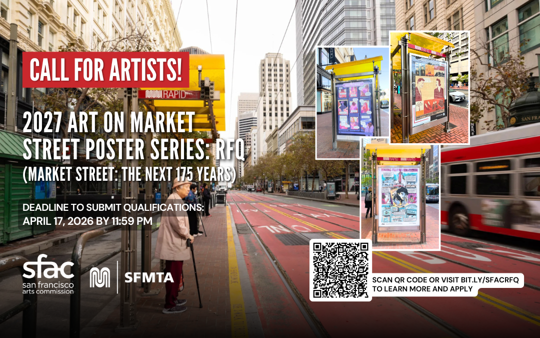 text on image describing the 2027 Art on market street poster series RFQ with posters from past projects and a qr code to scan to learn more