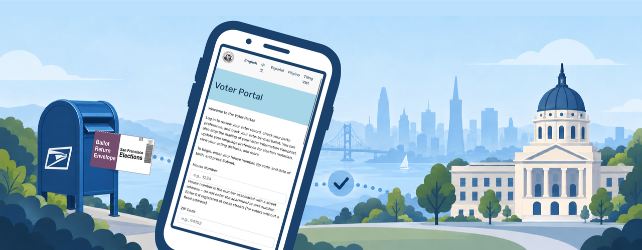 Graphic Image of a smart phone on the Voter Portal webpage and background of the San Francisco skyline, City Hall and voting by mail