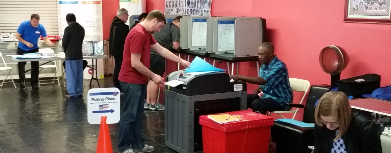 Voters voting in a polling place.