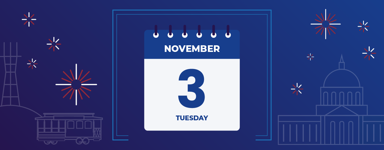Graphic image of SF landmarks with a calendar on November 3rd
