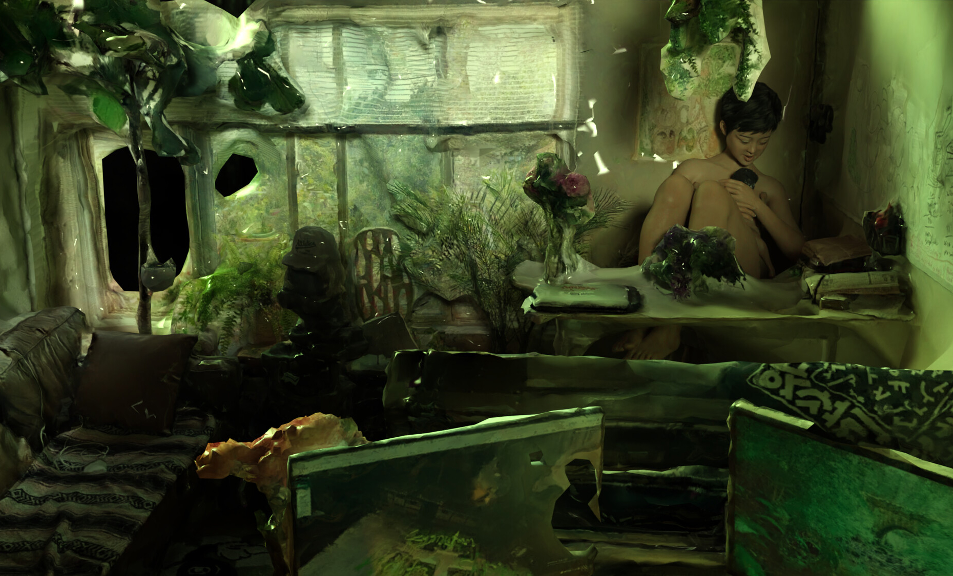 A surreal, green-lit interior blends nature and decay, where a seated figure rests among plants, books, and fragmented, dreamlike surroundings.