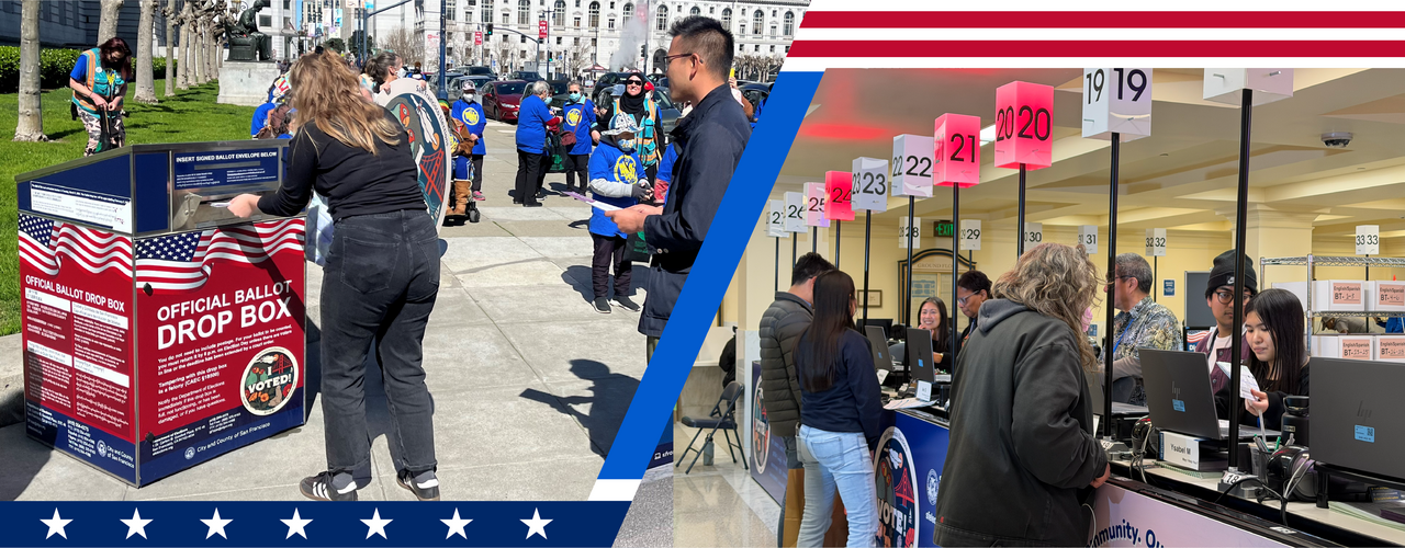 Graphic Collage of SF residents voting at the City Hall Voting Center and at a Drop Box