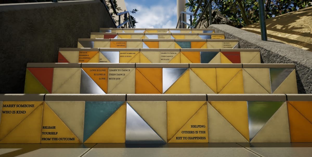 beautiful tiled staircase with quotes from neighbors