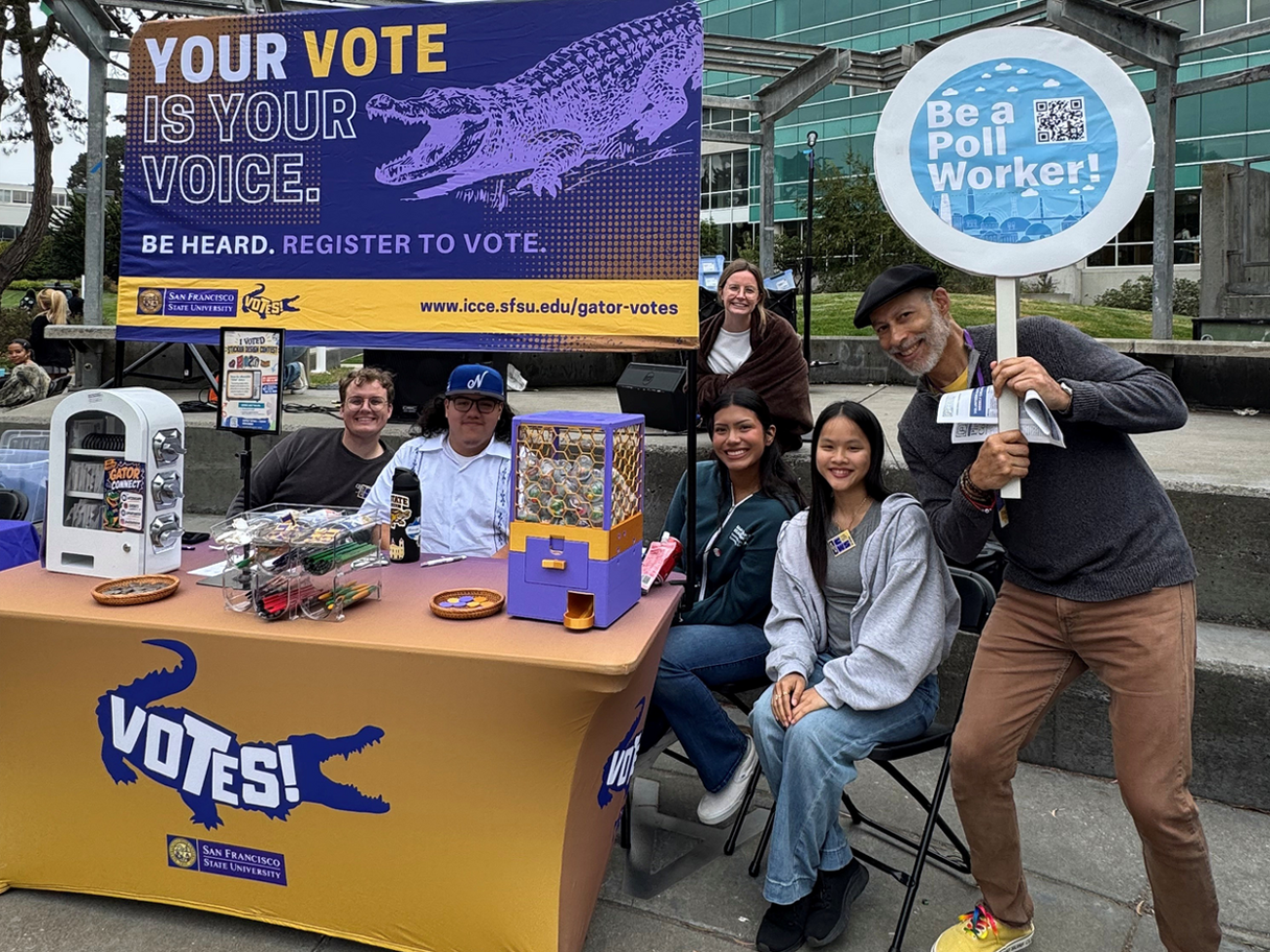 A group of SFSU students registering students to vote on National Voter Registration Day.