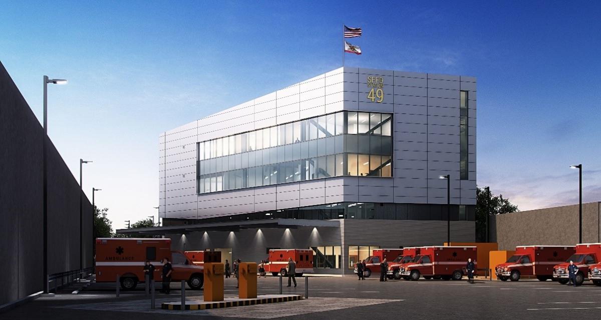 rendering of Modern fire station building with ambulances parked outside and emergency personnel standing in the lot at dusk.