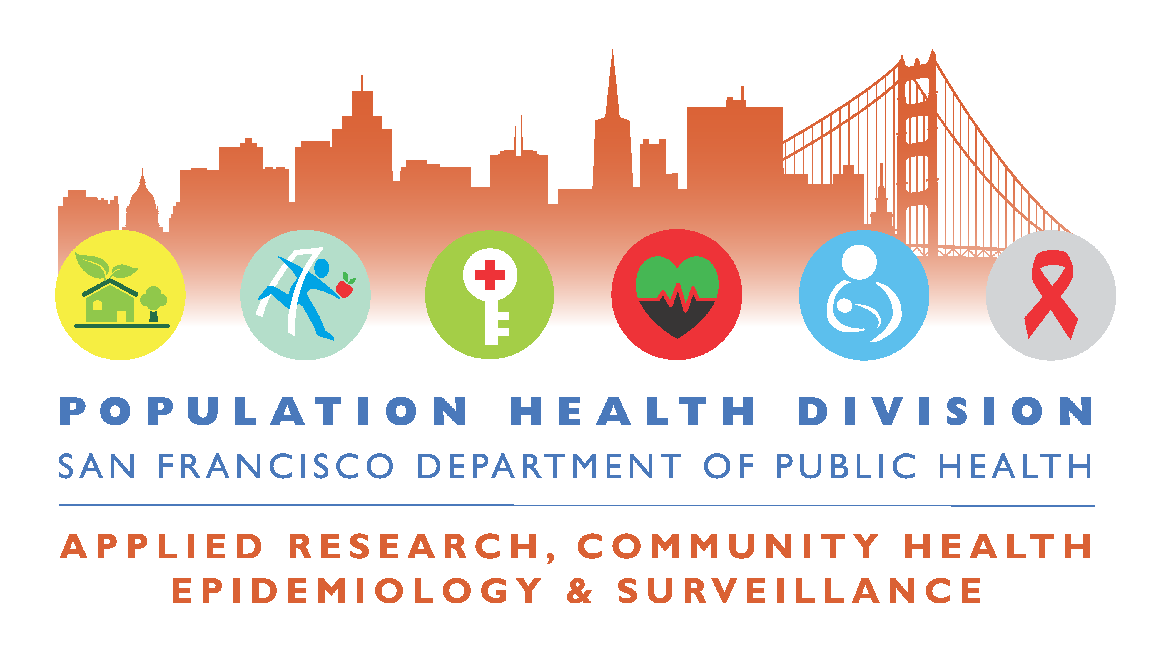 Logo for ARCHES Unit, showing the San Francisco skyline and Golden Gate Bridge, as well as small health-related icons such as sports, medicine, new motherhood, ECG, eco-friendly housing, and a red ribbon, reading Population Health Division San Francisco Department of Public Health Applied Research, Community Health Epidemiology & Surveillance