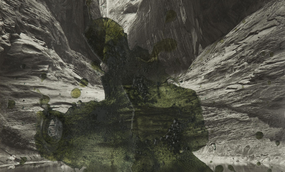 Abstract artwork featuring contrasting shapes, textures, and materials that suggest a physical or conceptual boundary.
