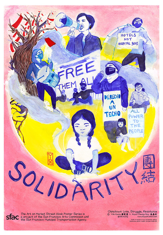 Grid of comic-style posters illustrating scenes of Chinatown life, with people, storefronts, and everyday moments shown across multiple panels.