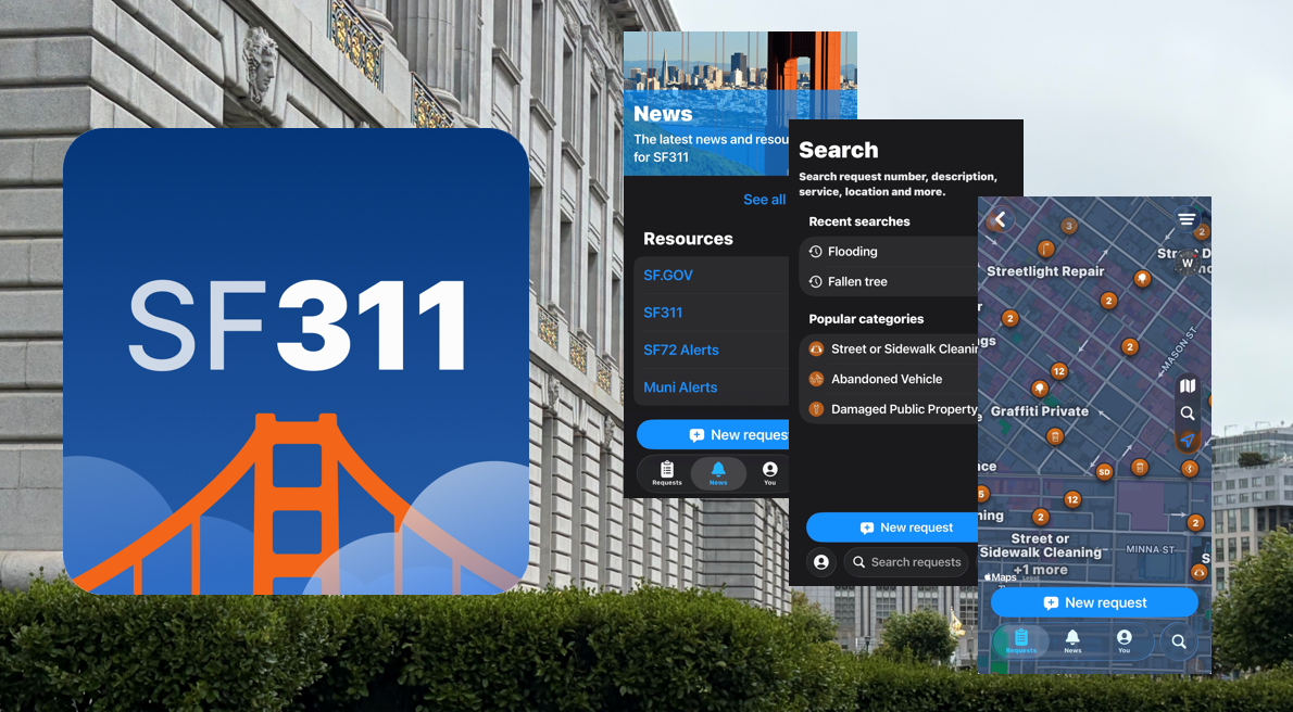 SF311 Mobile App screenshots and SF311 logo with city hall in the background