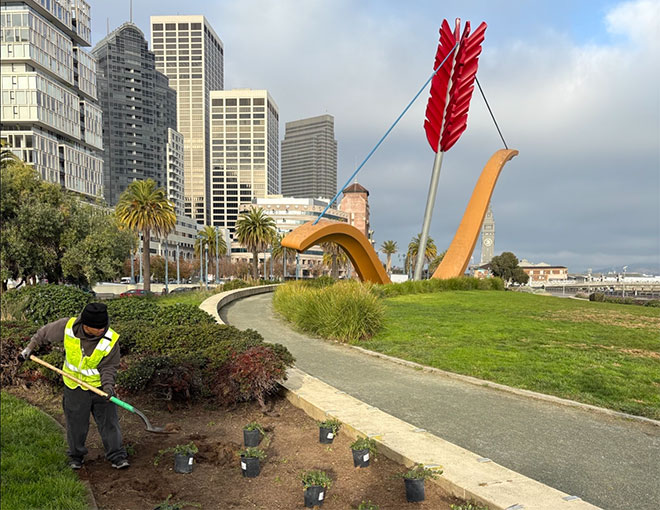 Worker gardening in a park with a large bow and arrow sculpture and skyscrapers in the background.