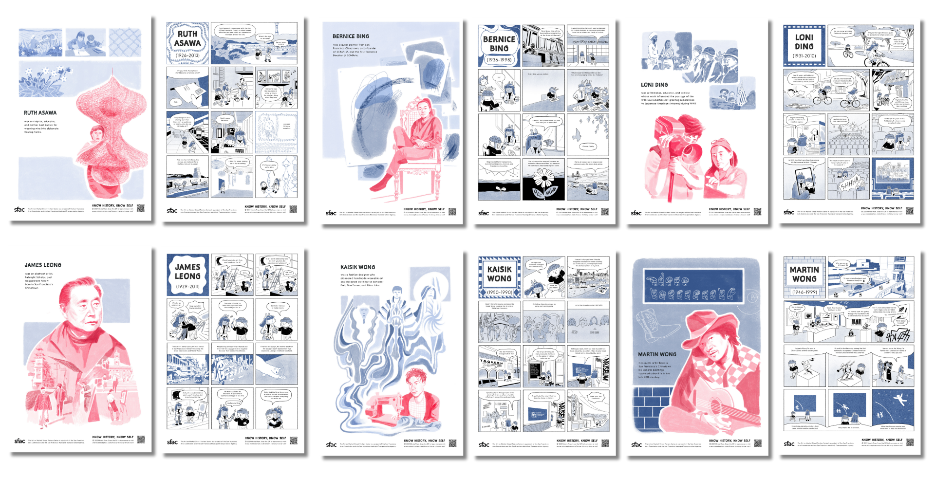 Grid of illustrated posters combining portraits and comic-style panels highlighting different artists and stories in a blue and red color palette.