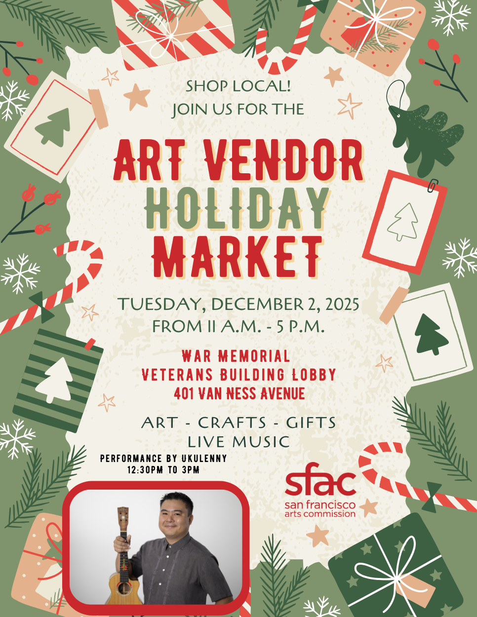 art vendor holiday market tiesday december 2, 2026 war memorial veteran's building lobby