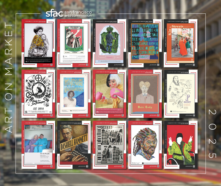 SFAC poster series grid showcasing diverse artists and styles, framed against a blurred city street background, highlighting community-focused artwork.