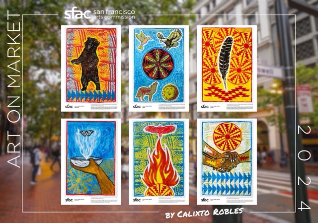 Six colorful posters featuring animals, symbols, and geometric patterns arranged in a grid, with “Art on Market 2024” branding over a city street background.