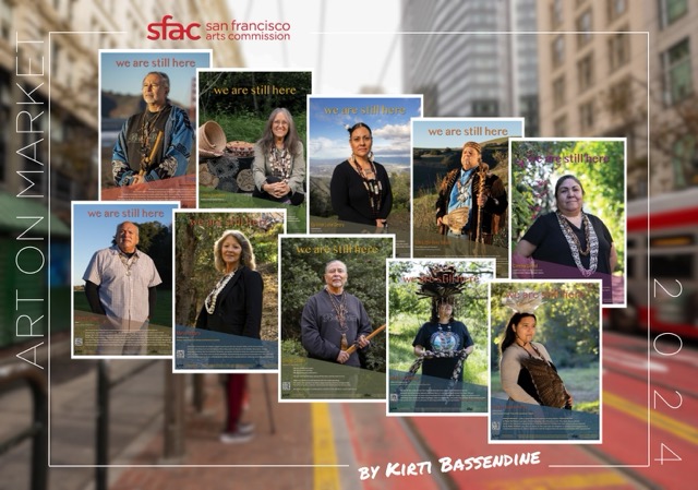 Collection of portrait posters reading “we are still here,” featuring individuals in outdoor settings, arranged over a blurred city street background.