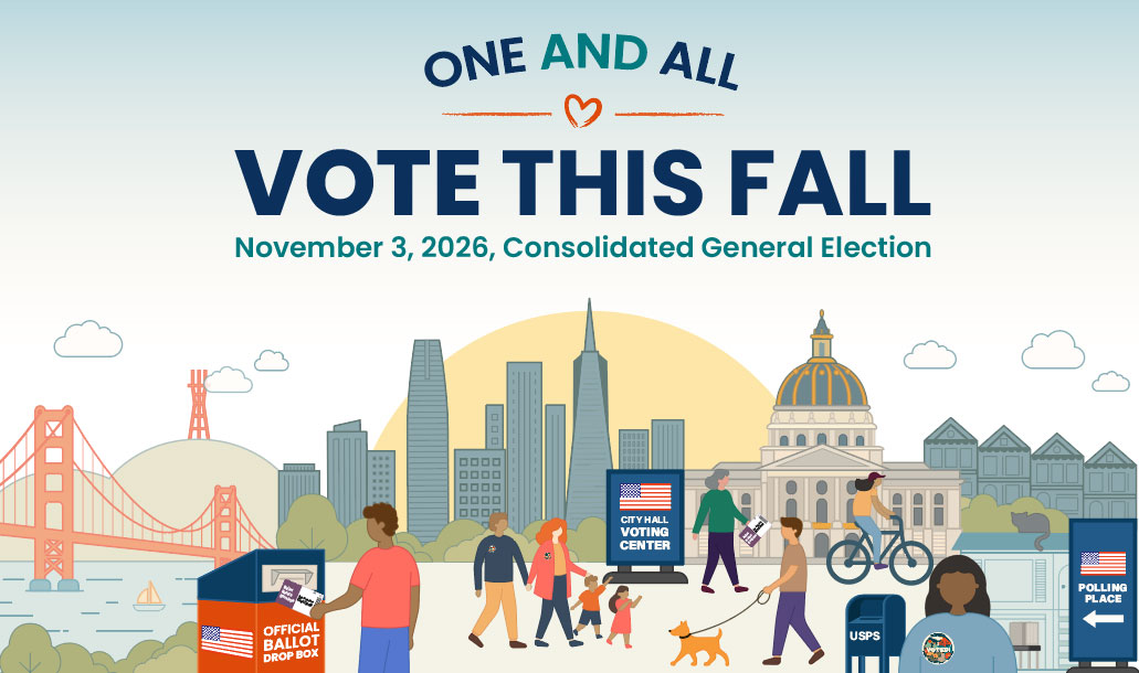 Graphic image of San Francisco landmarks and residents voting