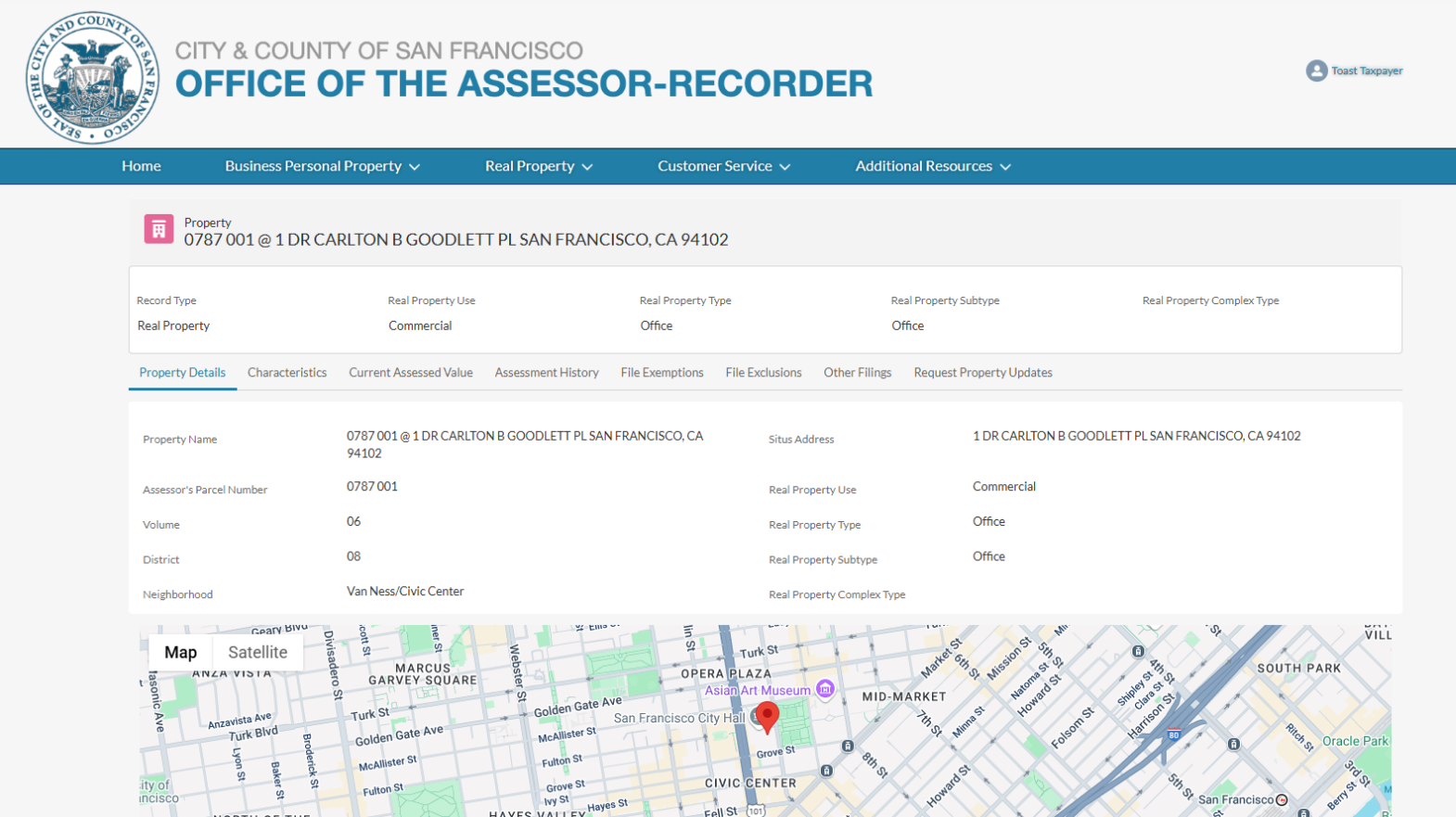 Photo of new system for managing records assessments and transactions public community portal. Image shows property information for City Hall and a map.
