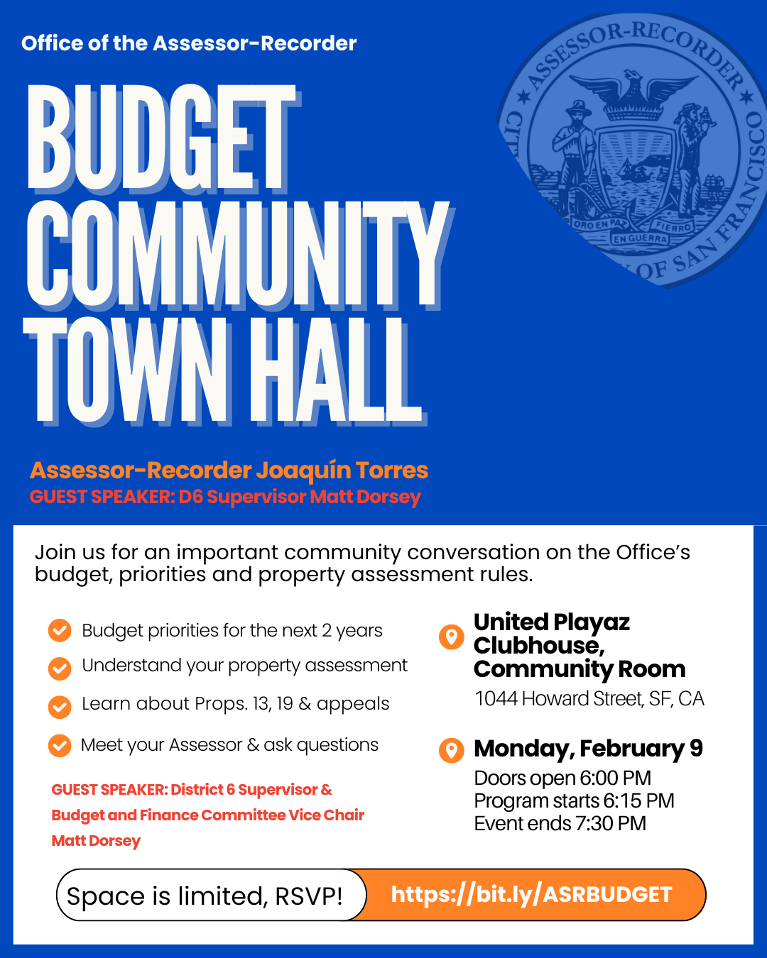 Flyer with details for budget town hall and city seal. Same details as written out on website