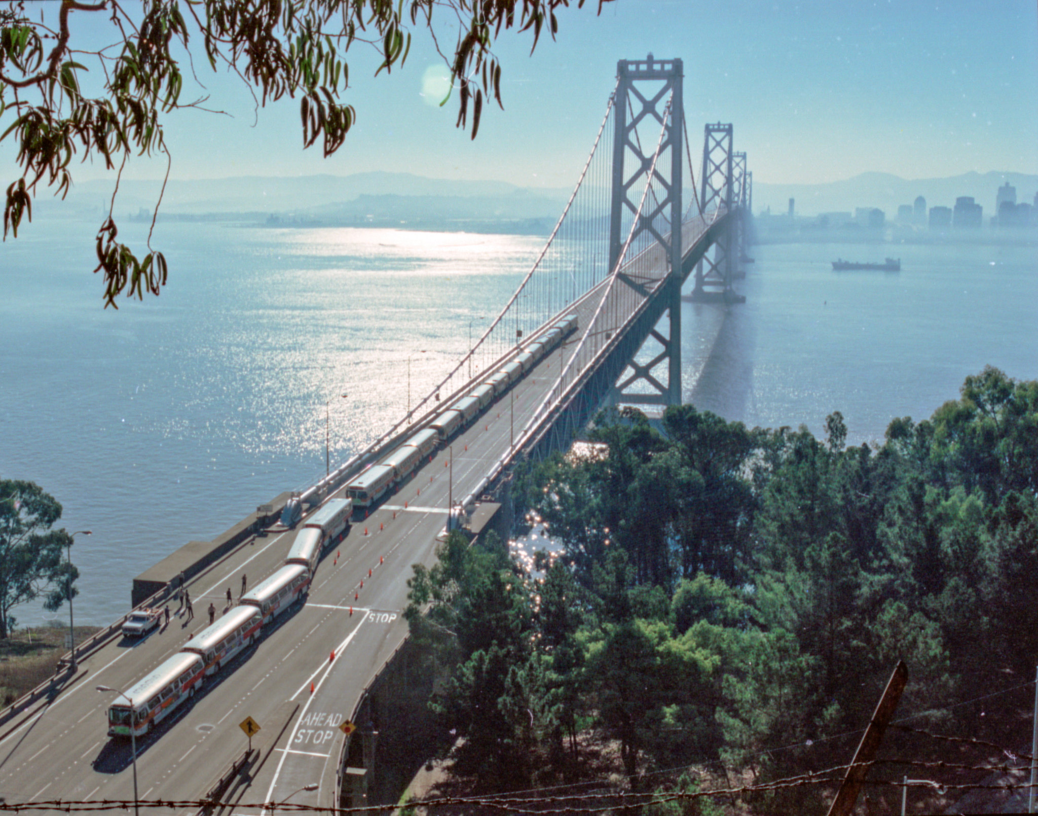 Muni buses on the Bay Bridge at the reopening after Loma Prieta Earthquake