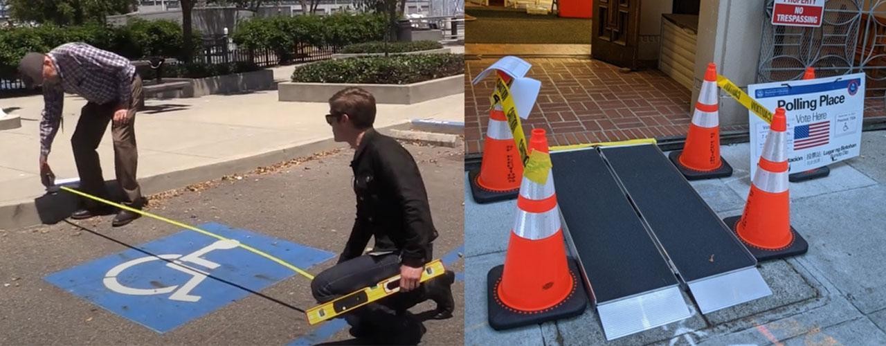 photo of staff measure polling place accessibility
