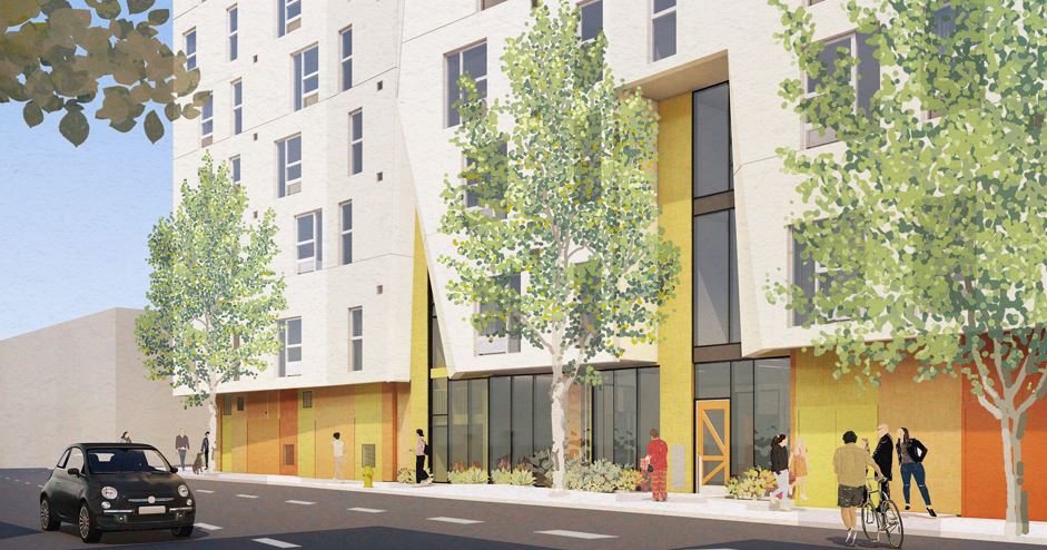 Rendering of a multi-story, newly constructed apartment building with large windows