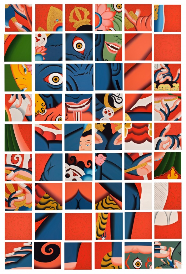Grid of colorful square tiles forming a fragmented image of stylized figures and faces in bold red, blue, and yellow tones.