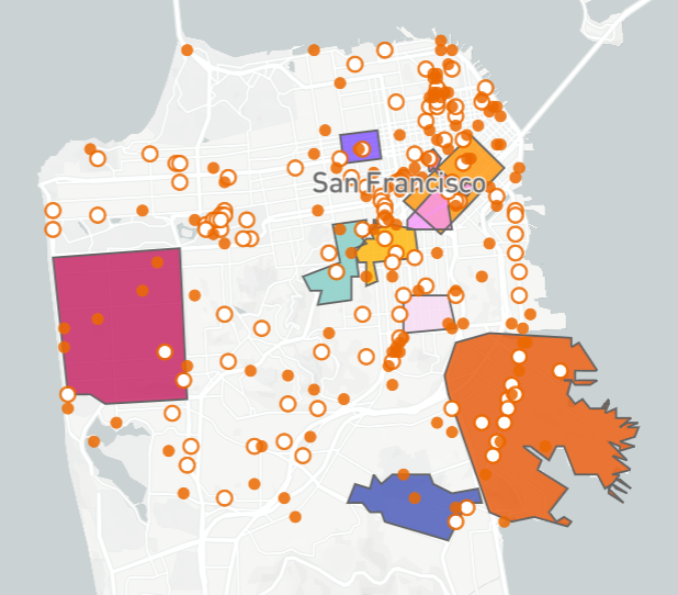 A map of San Francisco with orange circles indicating locations of artworks and sections of the city in solid colors representing Cultural districts.
