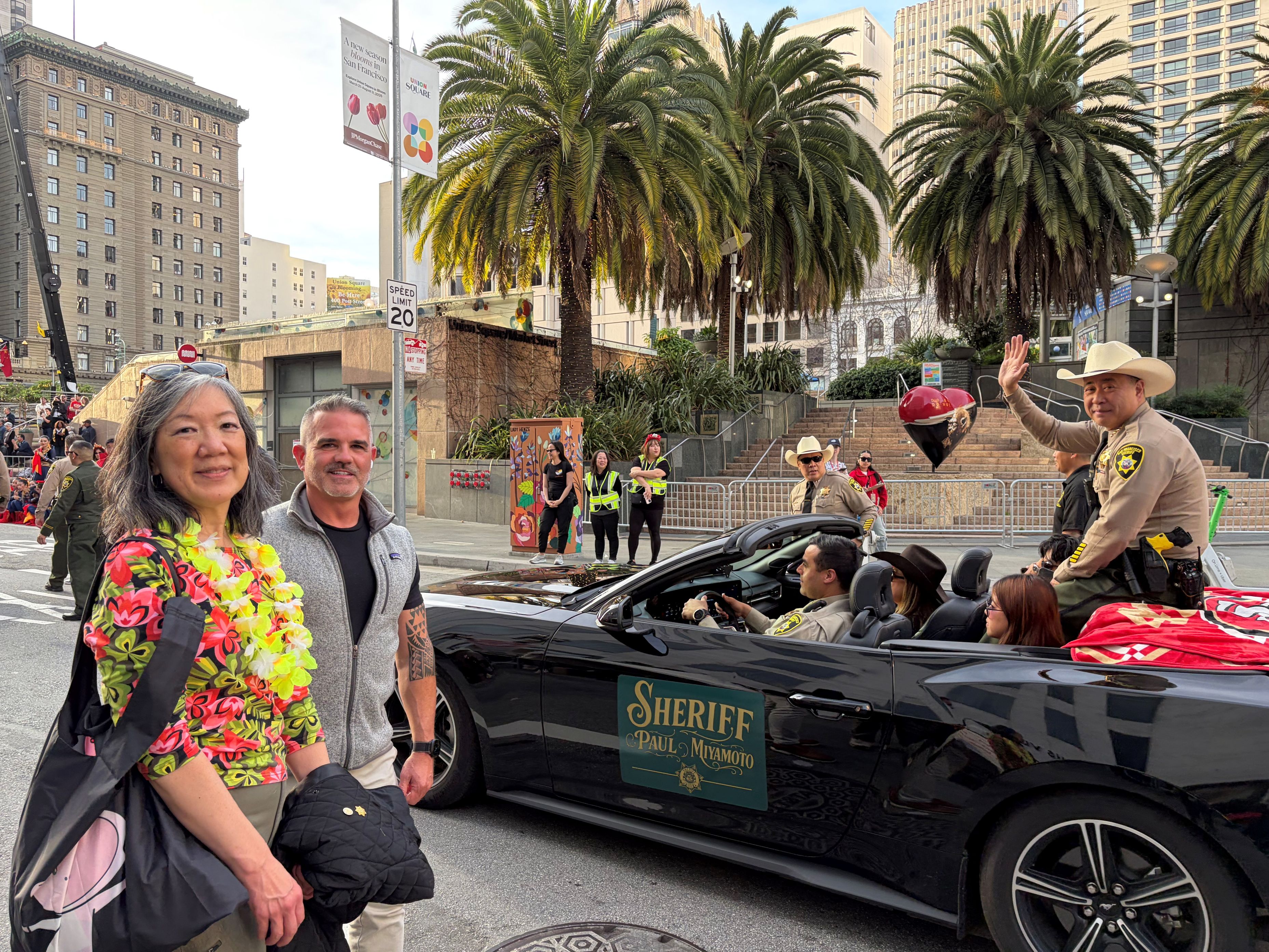 This is a picture of Board Members Julie Soo and Scott Dignan with Sheriff Miyamoto at the Chinese New Year Parade.