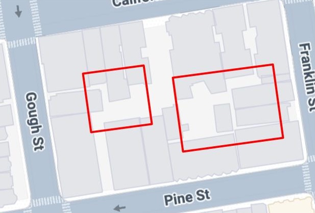 A map street view indicating entirely interior building sides not visible from the street.