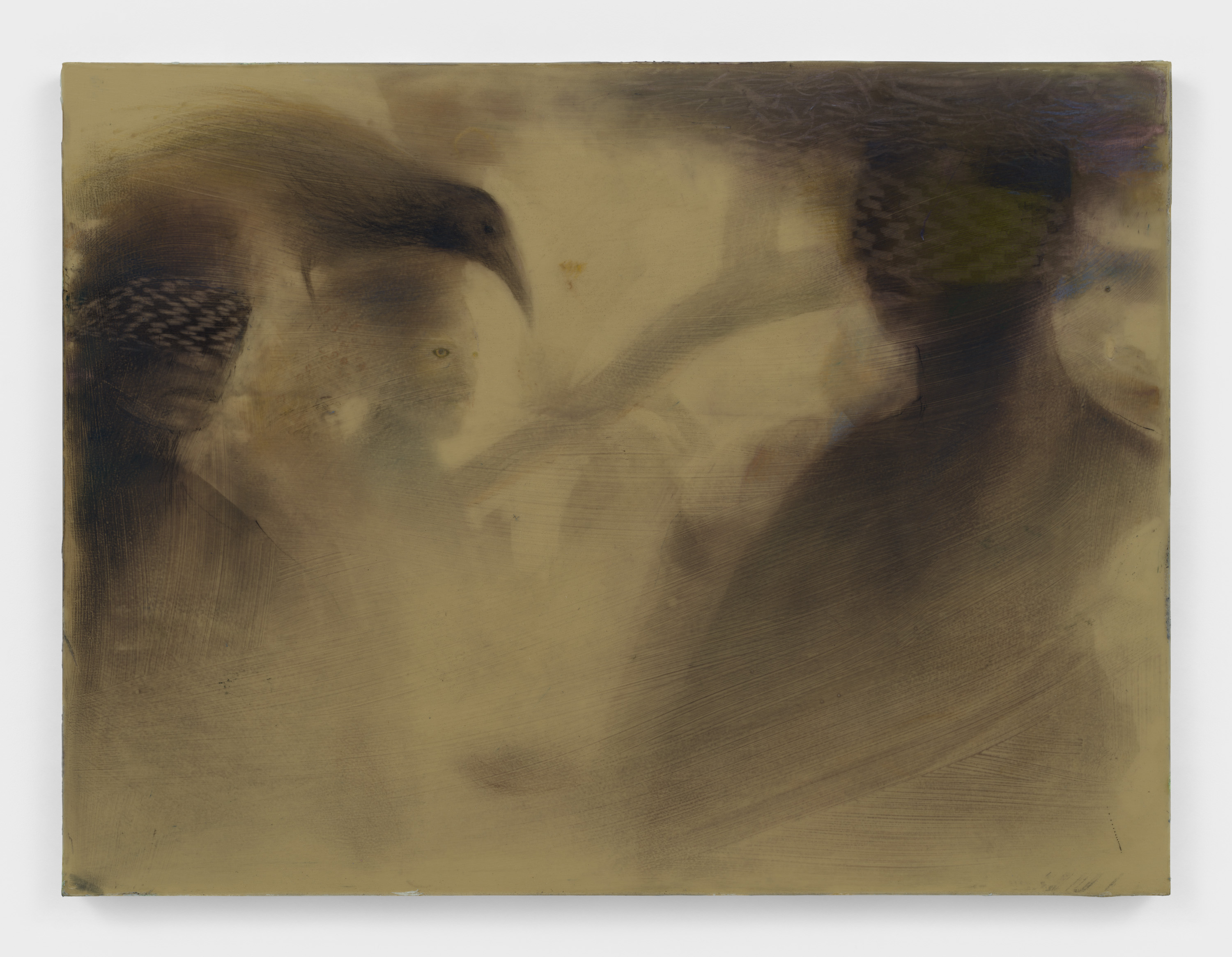 A dusky gray and tan painting with abstracted figures, two of whom are blindfolded in the foreground.