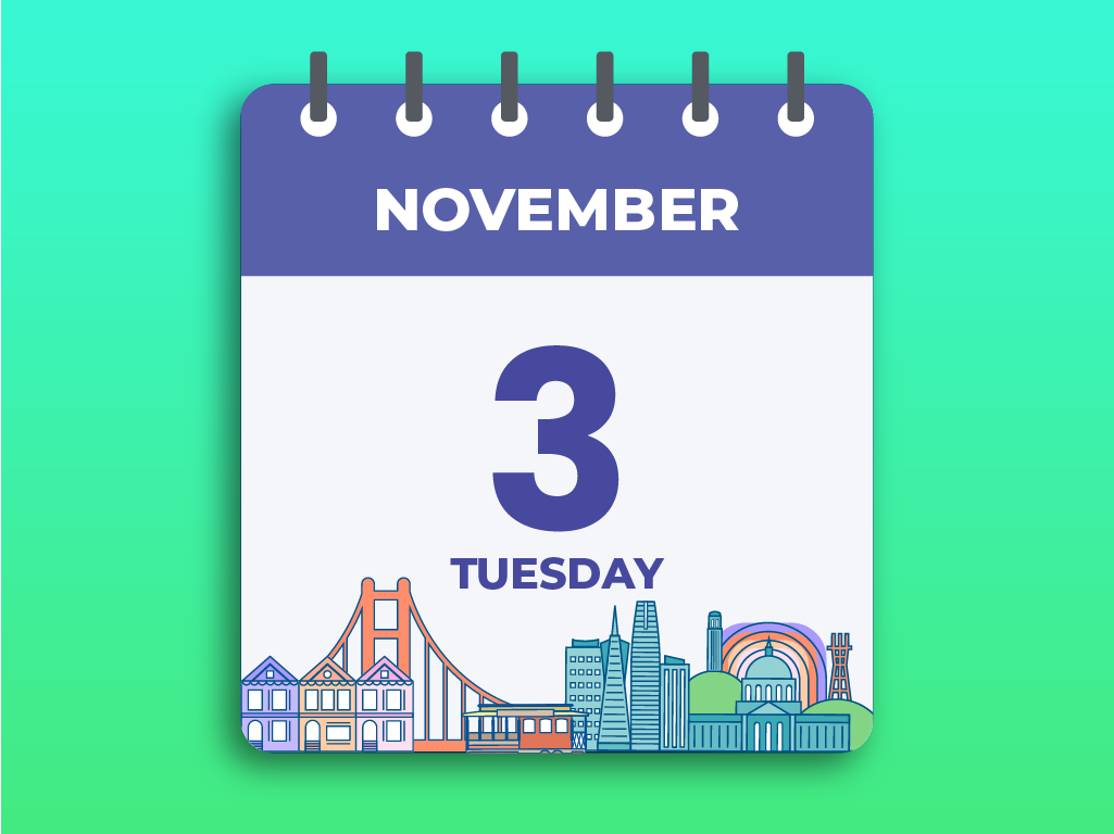 Ilustración de un calendario que muestra el martes 3 de noviembre. Con iconos de lugares emblemáticos de San Francisco .