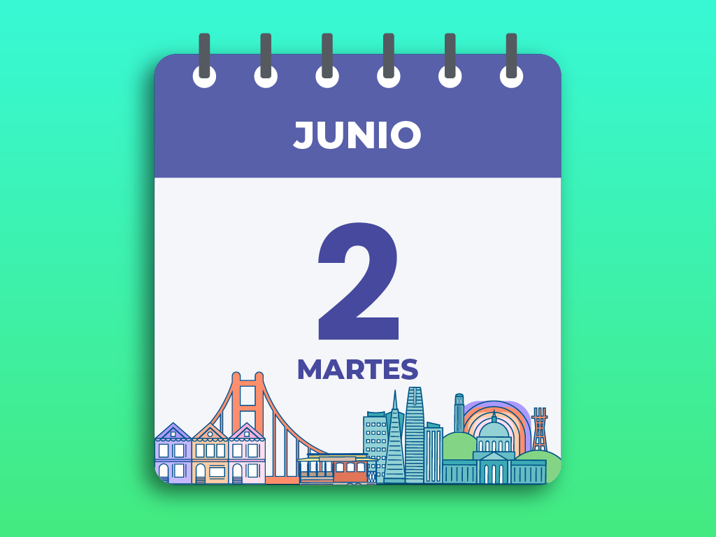 Calendar page showing June 2, Tuesday, in Spanish, with an illustrated San Francisco skyline at the bottom.