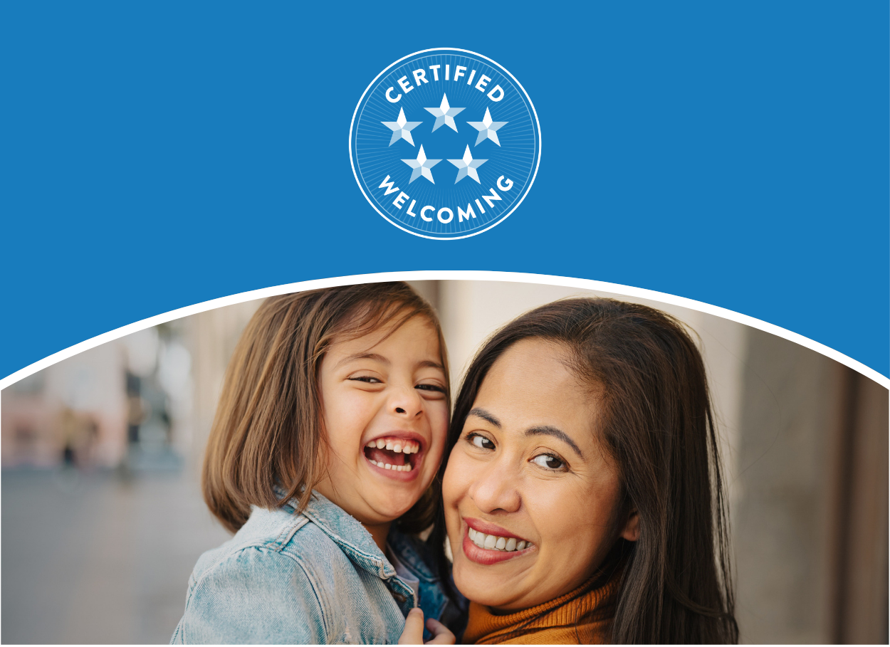 Blue background with 5-star Certified Welcoming logo on the upper half. Bottom half is a mother holding a young smiling child.