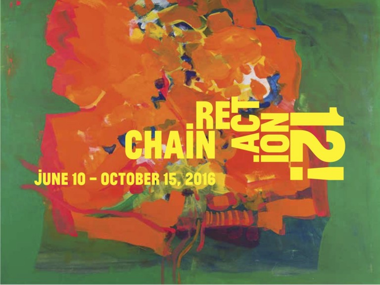 Abstract painting in bold colors with overlaid text announcing “Chain Reaction 2,” dated June 10 – October 15, 2016.